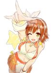  ;d bad_id bad_pixiv_id belt breasts brown_hair center_opening cleavage earrings hairband honda_mio idolmaster idolmaster_cinderella_girls jewelry large_breasts midriff mokufuu navel one_eye_closed open_mouth short_hair sketch skirt smile solo sunset_nostalgie 