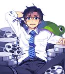  belt bigur black_hair blue_eyes blush frog glasses idolmaster long_sleeves male_focus necktie open_mouth producer_(idolmaster_anime) solo stuffed_animal stuffed_frog stuffed_toy sweatdrop 