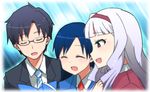  2girls black_hair blue_hair blush closed_eyes glasses hairband hime_cut idolmaster idolmaster_(classic) kidachi kisaragi_chihaya long_hair multiple_girls necktie open_mouth producer_(idolmaster_anime) red_eyes shijou_takane silver_hair 