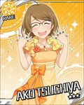  :d ^_^ artist_request brown-framed_eyewear brown_hair card_(medium) character_name closed_eyes drooling glasses hair_ornament hairclip idolmaster idolmaster_cinderella_girls jewelry necklace official_art open_mouth orange_background ring smile solo sun_(symbol) tsuchiya_ako 