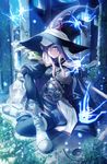  bandages boots cape fairy hat highres knife long_hair original rezi sitting solo sword weapon witch_hat 
