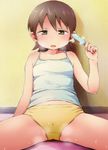  aioi_yuuko brown_eyes brown_hair cameltoe camisole collarbone dripping food hot midriff mochimomomo nichijou open_mouth panties popsicle short_hair sitting solo spread_legs steam steaming_body sweat thighs underwear yellow_panties 