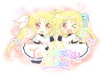  alicia_testarossa bad_id bad_pixiv_id black_legwear blonde_hair chibi english fate_testarossa hair_ribbon heart holding_hand holding_hands long_hair long_sleeves lyrical_nanoha mahou_shoujo_lyrical_nanoha_innocent multiple_girls one_eye_closed open_mouth pantyhose red_eyes ribbon school_uniform seishou_elementary_school_uniform siblings sisters spirited-off star twintails two_side_up white_legwear 