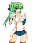  bare_shoulders beatmania beatmania_iidx breasts cleavage detached_sleeves fingerless_gloves gloves green_eyes green_hair hair_ornament kinoshita_ichi kitami_erika large_breasts long_hair parted_lips short_shorts shorts side_ponytail simple_background solo thighhighs white_background white_gloves 