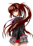  bad_id bad_pixiv_id brown_hair from_behind highres little_busters! long_hair looking_back natsume_rin plaid plaid_skirt ponytail red_eyes school_uniform skirt yuihira_asu 