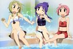  absurdres bikini blonde_hair blush feet highres hinata_yukari ichii_yui kojima_keisuke legs long_hair low_twintails midriff multiple_girls nonohara_yuzuko nyantype official_art one_eye_closed open_mouth pink_hair pool poolside purple_hair red_eyes short_hair swimsuit twintails water white_bikini yellow_eyes yuyushiki 