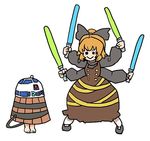 &gt;:) :&gt; barefoot blonde_hair blush_stickers bow brown_dress bucket child cosplay crossover dress energy_sword general_grievous general_grievous_(cosplay) hair_bow in_bucket in_container kisume kurodani_yamame lightsaber long_sleeves multiple_arms multiple_girls quadruple_wielding r2-d2 r2-d2_(cosplay) shirt simple_background smile solid_circle_eyes star_wars sword terrajin touhou v-shaped_eyebrows weapon white_background 