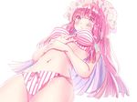  ballpoint_pen_(medium) bikini blush breasts from_below hat large_breasts long_hair mielang navel patchouli_knowledge pink_bikini pink_eyes pink_hair simple_background solo striped striped_bikini swimsuit touhou traditional_media very_long_hair white_background 