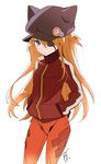  animal_hat badge bf._(sogogiching) blue_eyes button_badge cat_hat evangelion:_3.0_you_can_(not)_redo eyepatch hat long_hair neon_genesis_evangelion orange_hair plugsuit rebuild_of_evangelion shikinami_asuka_langley solo souryuu_asuka_langley 