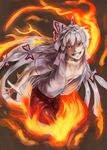  baten_(gei-vorugu) bow breasts fire fujiwara_no_mokou grin hair_bow hair_ribbon highres long_hair medium_breasts no_bra open_clothes open_shirt pants red_eyes ribbon shirt silver_hair smile solo touhou very_long_hair 