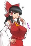  ascot bad_anatomy bad_hands black_hair bow breasts brown_eyes detached_sleeves hair_bow hair_tubes hakurei_reimu hand_on_hip highres huge_breasts long_hair sarashi solo space_jin squiggle touhou 