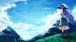  baisi_shaonian blue_hair blue_sky cloud day energy_ball energy_beam food forest fruit grass hat highres hinanawi_tenshi landscape long_hair looking_at_viewer looking_back mountain nature outdoors peach puffy_sleeves red_eyes shirt short_sleeves skirt sky solo touhou very_long_hair 