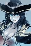  aa2233a black_hair blue_eyes breasts cleavage genderswap genderswap_(mtf) hat league_of_legends lipstick makeup medium_breasts mole solo twisted_fate 