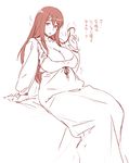 bobobo breasts large_breasts long_hair looking_at_viewer maou_(maoyuu) maoyuu_maou_yuusha monochrome nightgown red_eyes red_hair solo translation_request 