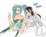  1girl alternate_costume aqua_hair blue_eyes breasts brown_hair cleavage facial_mark large_breasts league_of_legends long_hair nam_(valckiry) short_hair sona_buvelle twintails varus white_background yellow_eyes 