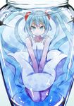  blue_eyes blue_hair bottle dress hatsune_miku in_bottle in_container long_hair looking_at_viewer pon_(shind_997) solo submerged twintails v_arms vocaloid water white_dress 