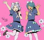  blue_hair bow closed_eyes crossdressing flower fubuki_shirou hair_bow hair_over_one_eye inazuma_eleven_(series) inazuma_eleven_go kazemaru_ichirouta long_hair male_focus mizuhara_aki multiple_boys older open_mouth pantyhose school_uniform serafuku simple_background 