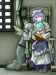  aqua_hair bad_id bad_pixiv_id blanket blue_eyes book bow capelet chair cirno closed_eyes daiyousei fairy_wings green_eyes green_hair hair_bow hair_ribbon kneeling kuramori letty_whiterock long_sleeves multiple_girls purple_eyes purple_hair ribbon rocking_chair shirt sitting sitting_on_lap sitting_on_person skirt skirt_set sleeping smile touhou window wings younger 