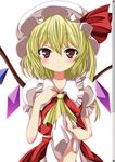  blonde_hair blush brown_eyes fake_scrollbar fang flandre_scarlet hand_on_own_chest hat hat_ribbon highres looking_at_viewer ma-yu no_panties puffy_sleeves ribbon shirt short_sleeves side_ponytail skirt skirt_lift skirt_set solo touhou vest wings 