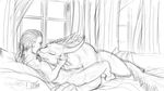  charr couple cuddling eyes_closed feline female guild_wars horn human interspecies jackrow lying male mammal monochrome nude on_back on_front romantic sketch video_games window 