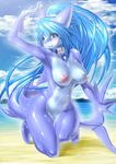  3_toes anthro arm_up armpits barefoot beach big_breasts blue_body blue_eyes blue_hair blue_sky blush breasts closed_legs cloud collar cyan_eyes day female fin fish hair hi_res kneeling long_hair marine myrl navel nipples no_cleft noah_(artist) nude paws pink_nipples pose purple_body purple_skin sand sea seaside seductive shark shiny sky smile solo summer thick_thighs violet_body water 