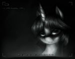  animated black_and_white camera english_text equine female feral greyscale hair headshot_portrait horn looking_at_viewer mammal monochrome my_little_pony portrait short_hair solo text unicorn ventious 