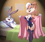  bed blanket blonde_hair blue_eyes breasts buckteeth bugs_bunny cleavage clothed clothing drew_gardner female fur garter_belt grey_fur hair inside legwear lingerie lola_bunny looney_tunes male open_mouth orange_fur pillow robe short_hair space_jam stockings thighs underwear warner_brothers whiskers white_fur wide_hips 