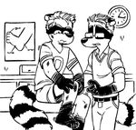  black_and_white carper_(vasuki) duo eyewear father fluffy_tail glasses hindpaw male mammal monochrome neil neil_(vasuki) parent paws raccoon ring sports vasuki vest wounded young 