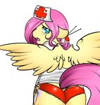  anthro anthrofied azugarlic back_turned blue_eyes blush clothing cutie_mark equine female feral floppy_ears fluttershy_(mlp) friendship_is_magic fur hair horse looking_at_viewer looking_back mammal my_little_pony nurse nurse_cap nurse_hat nurse_uniform panties pegasus pink_hair plain_background pony solo standing underwear white_background wings yellow_fur 