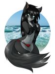  black_fur black_hair blue_eyes clothed clothing female fluffy_tail fur hair jan sea skimpy sukaberry swimsuit tight_clothing undressing water 