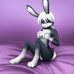  breasts clitoris darkmirage female fur grey_fur grope hair lagomorph mammal nude purple_eyes pussy rabbit solo white_hair 