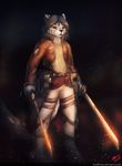  3d_maneuver_gear anthro attack_on_titan belt black_hair clothed clothing dark_theme feline gloves glowing grey_hair hair leopard male mammal military perky_ears pose red_eyes sarki sarki_(character) shirt snow_leopard solo standing sword weapon 