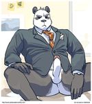  artdecade balls bear black_nose bottomless do_not_distribute erection fur humanoid_penis male mammal necktie panda penis solo spread_legs spreading suit 