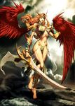  armor bare_feet barefoot clothed clothing cloud clouds female genzoman ornate red_wings skimpy sword weapon wings zarich 
