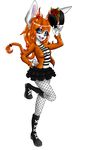  blue_eyes blush boots braid eyes_open female fishnet flower hair hat knee_boots laced_boots lagomorph leggings legwear mammal open_mouth orange_hair orange_shirt plain_background ruffles skirt tami top_hat white_background white_skin xnervermorex 