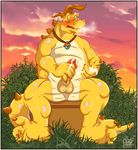  anthro beast biceps blue_eyes blush cum cum_on_hand dragon dragon_tales dripping male masturbation necklace nude okibearz_(artist) outside penis quetzal quetzal_(dragon_tales) scalie sitting solo spikes sweat yellow_body yellow_dragon yellow_skin 