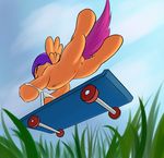  cub equine female feral friendship_is_magic fur grass helmet horse low-angle_shot mammal my_little_pony orange_fur outside pegasus pony purple_eyes riding scootaloo_(mlp) scooter sky sokolas solo spread_wings wings worm&#039;s-eye_view worm's-eye_view young 