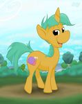  amber_eyes cub cutie_mark equine feral friendship_is_magic fur green_hair hair horn horse ixbalam looking_at_viewer male mammal my_little_pony open_mouth outside pony sky smile snails_(mlp) solo tongue tree unicorn yellow_fur young 