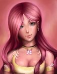  arthropod blue_eyes butterfly cleavage clothed clothing dress ear_piercing english_text feather female fluttershy_(mlp) friendship_is_magic green_eyes hair human humanized indiron insect looking_at_viewer mammal my_little_pony necklace not_furry piercing pink_hair smile solo text 