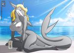  avian beach bird blonde_hair blue_eyes breasts claws cloud female fish freckles grey_skin hair hindpaw kneeling lips long_hair marine nipples nude outside paws sand seaside shark sky solo thighs walter_sache white_skin yokozuwari 