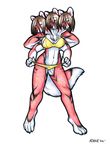  3_heads brown_hair cerberus clothed clothing female fur hair limeykat looking_at_viewer multi_head plain_background red_eyes red_fur standing white_background white_fur 
