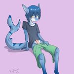  anthro blue_hair blue_skin blush clothed clothing drawstring erection fish hair half-dressed half_nude hi_res lace looking_at_viewer male marine penis pink_background pink_penis pink_skin plain_background righteous scalie shadow shark shiny shirt short_hair shorts sitting solo string white_skin yellow_eyes young 