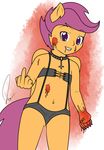  anonjg anthro anthrofied blood child collar cross cub female fist friendship_is_magic hair human humanized looking_at_viewer mammal middle_finger my_little_pony navel purple_hair scootaloo_(mlp) smile solo spike spikes standing underwear young 