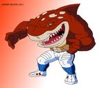  abs anthro biceps brown_eyes brown_skin clothed clothing dorsal_fin fangs fin fish fishmen footwear gills grin half-dressed male marine maxime-jeanne muscles mutant open_mouth pants pecs pose scalie shark shoes slammu slammu_(street_sharks) smile sneakers solo standing street_sharks teeth tongue topless whale_shark 