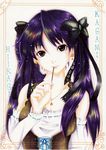  black_ribbon blouse border colored_pencil_(medium) corset cross-laced_clothes detached_sleeves earrings food hair_over_shoulder hair_ribbon head_tilt hiiragi_kagami i-la jewelry lace_ribbon lips long_hair looking_at_viewer lucky_star marker_(medium) necklace pocky purple_hair realistic ribbon ribbon-trimmed_sleeves ribbon_trim solo star traditional_media twintails upper_body yellow_eyes 