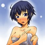  ahoge bandages bare_shoulders blue_eyes blue_hair breasts cleavage embarrassed medium_breasts persona persona_4 segami_daisuke shirogane_naoto short_hair shy solo 