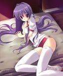  buruma clannad duplicate fujibayashi_kyou gym_storeroom long_hair lying purple_eyes purple_hair ribbon shy solo thighhighs tsurusaki_takahiro 