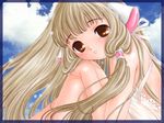  blonde_hair blush brown_eyes chii chobits cloud day dress long_hair nekozawa_yukari ribbon sky solo 