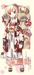  bag child copyright_request geta hair_ornament hairpin handbag highres japanese_clothes kanni kimono pink_hair red_eyes solo 