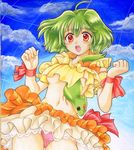  bad_id bad_pixiv_id breasts frills green_hair macross macross_frontier medium_breasts no_bra panties pantyshot pemoko ranka_lee red_eyes ribbon short_hair solo traditional_media underboob underwear 